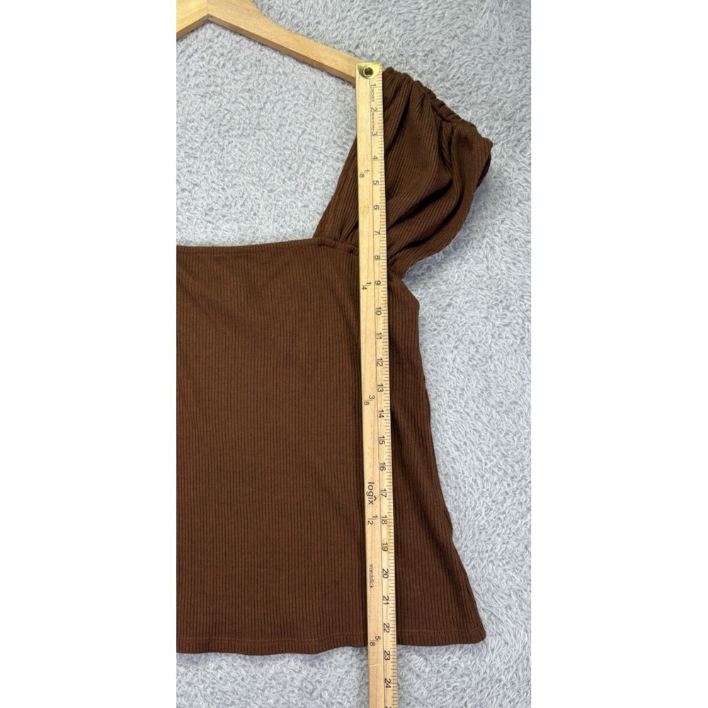 Anthropologie Ribbed Knit Crop Sweater Top XL Brown Cocoa Cap Sleeve Fitted - Picture 6 of 9